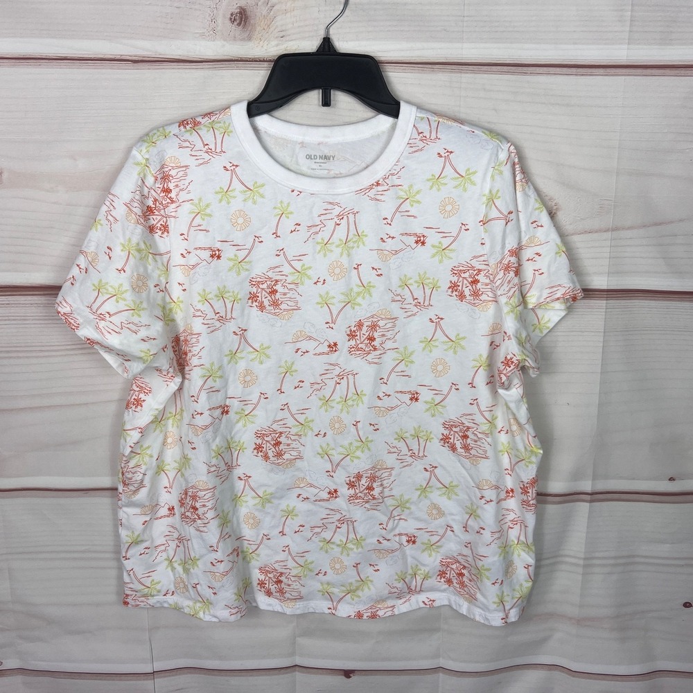 Old Navy Top Womens XL White Tropical Print T-Shirt Crew Neck Everywear Cotton